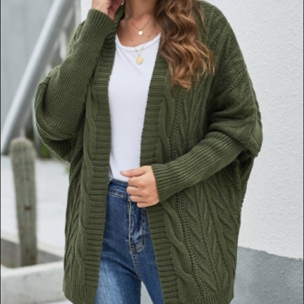 Green Dolman Sleeve Open Front Knit Cardigan